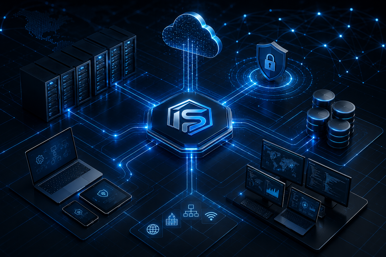 Connected enterprise infrastructure including cloud, servers, endpoints, networking, storage, and security systems
